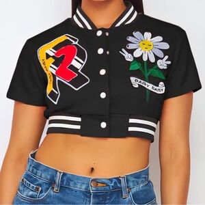 Daisy Black Varsity Jacket with Floral Accent